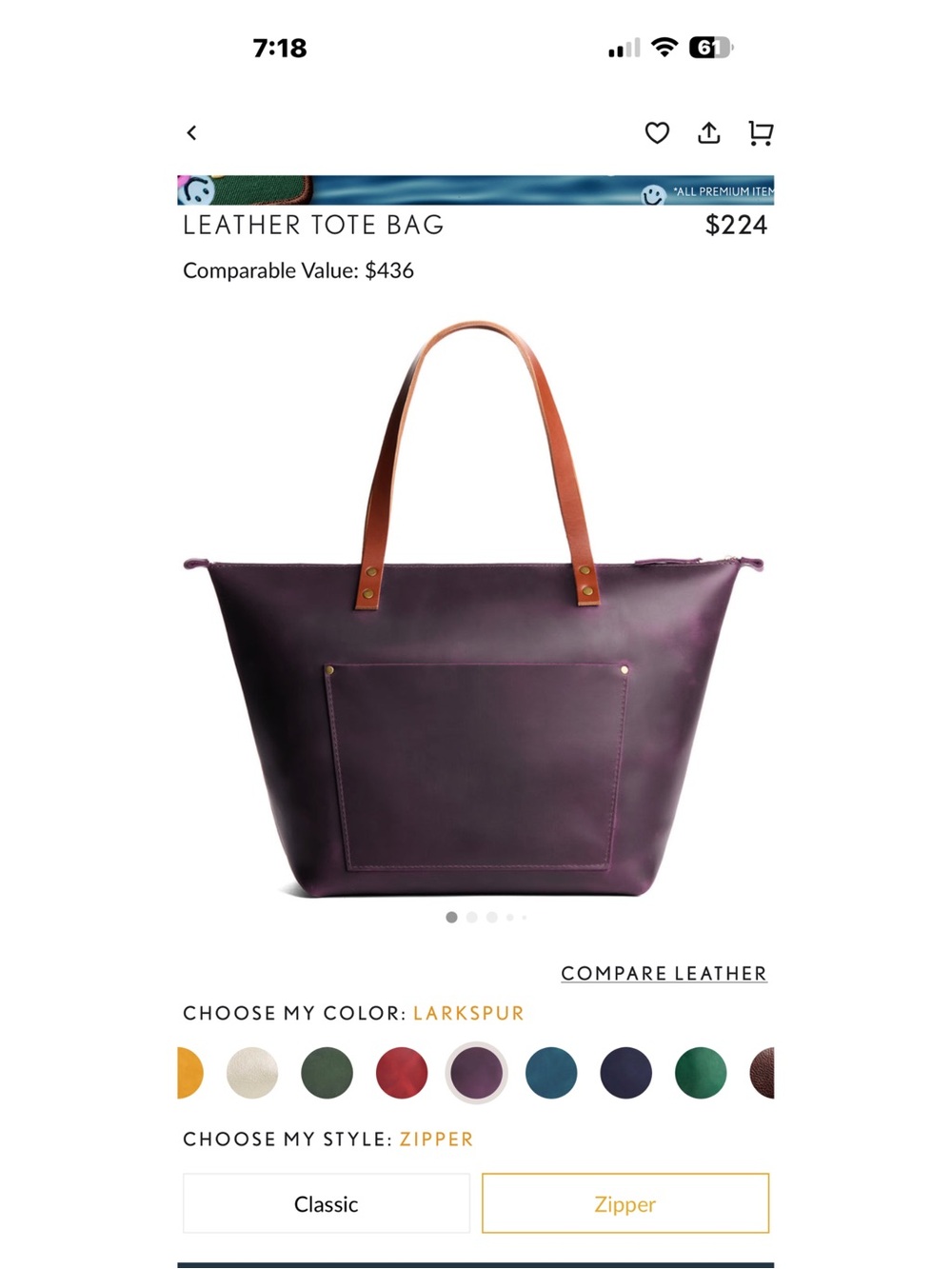 Portland Leather Goods oversized Tote Larkspur Purple VGUC - Picture 16 of 16